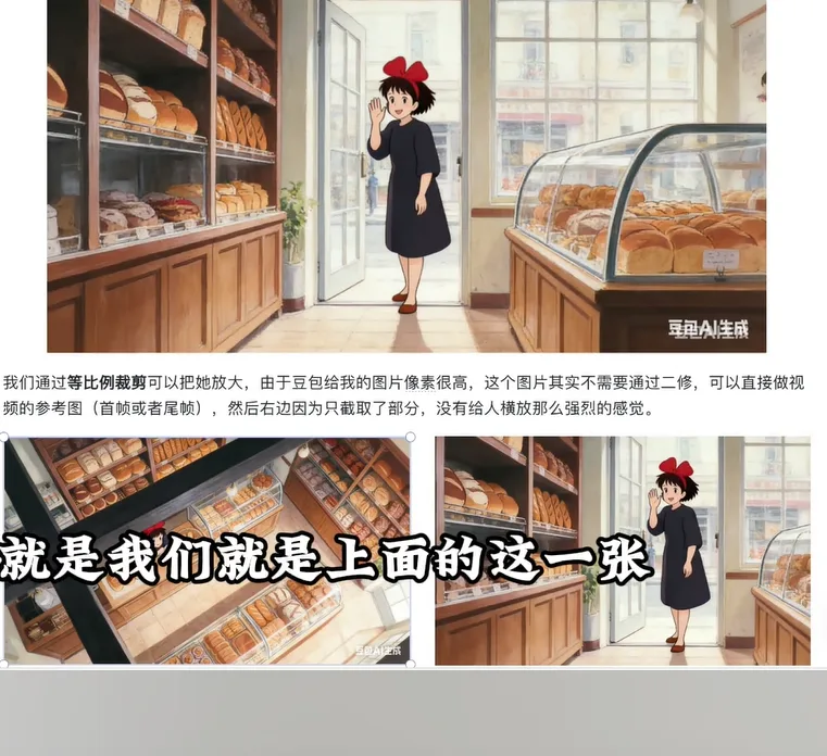 面包店内戴红蝴蝶结女孩门口挥手及裁剪对比示例 AI漫剧新手必看2：AI制作连贯镜头-空间结构