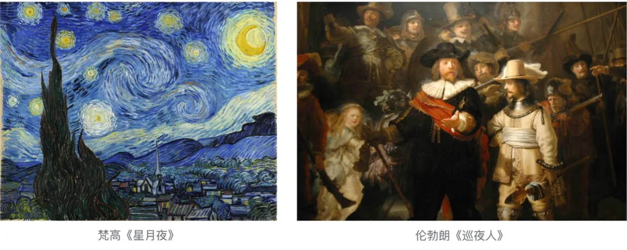 梵高《星月夜》与伦勃朗《巡夜人》两幅油画对比 AI动漫-美术设定(人物画风与场景画风)