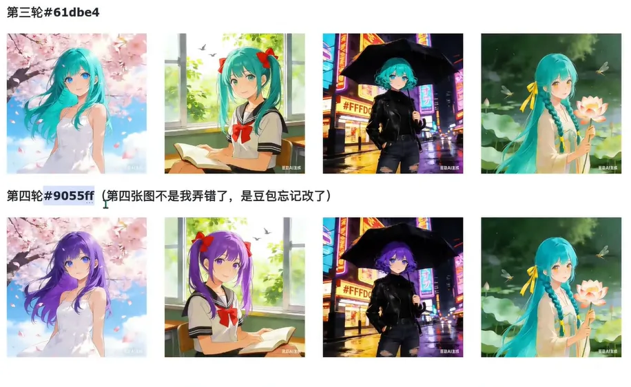 标注色号的两组动漫少女插画,展示不同发色生成效果 AI漫剧新手必看3:必要准备-参考图(颜色/风格/角色/道具/场景)