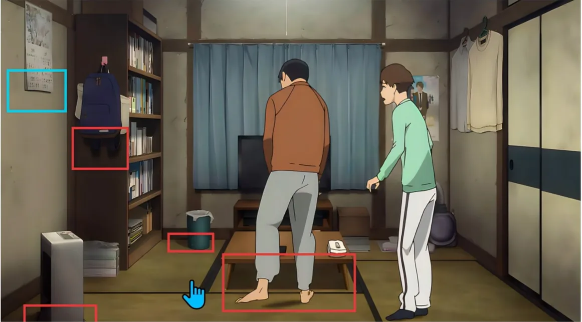 动漫房间内两名男子,红蓝框标出物体与场景关系 AI动漫-美术设定(人物画风与场景画风)