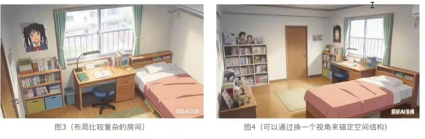两幅不同视角的动漫风格卧室室内场景展示 AI漫剧新手必看3:必要准备-参考图(颜色/风格/角色/道具/场景)
