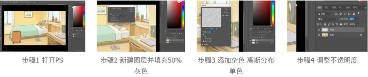 PS中于动漫卧室场景上层叠加杂色噪点的四步操作 AI动漫-美术设定(人物画风与场景画风)