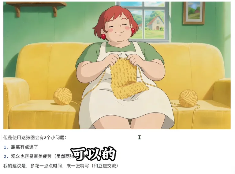 动画红发胖女坐黄沙发织毛衣，旁有毛线球 AI漫剧新手必看2：AI制作连贯镜头-空间结构