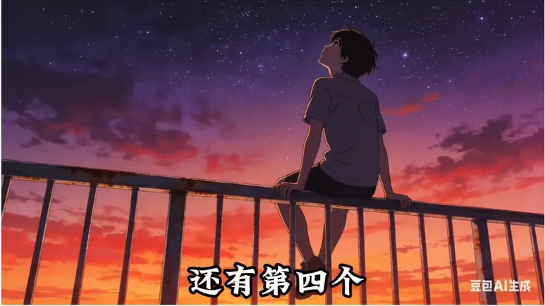 短发少年坐在锈蚀栏杆上仰望星空与晚霞 AI漫剧新手必看3:必要准备-参考图(颜色/风格/角色/道具/场景)