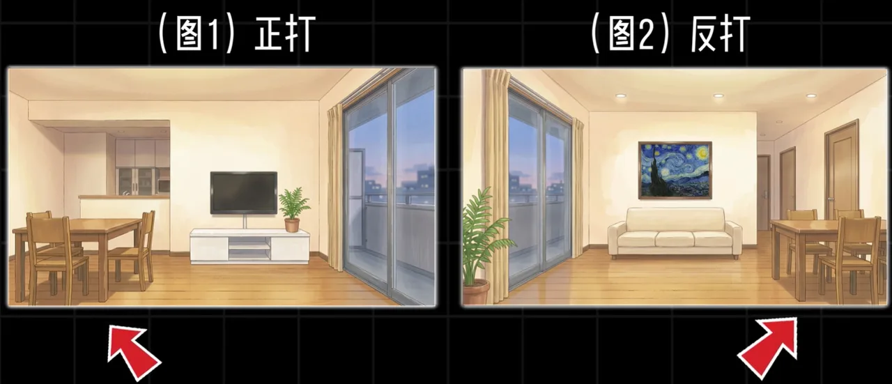 动漫风客厅的正打与反打两种视角对比 AI场景构建多角度生成