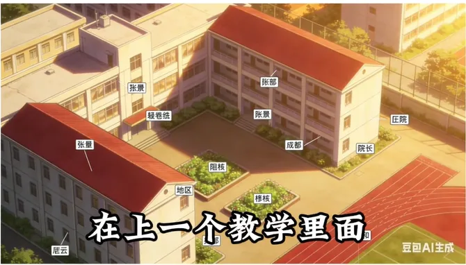 动漫校园建筑俯视图,标注各角色所在楼层与区域位置 AI漫剧新手必看3:必要准备-参考图(颜色/风格/角色/道具/场景)