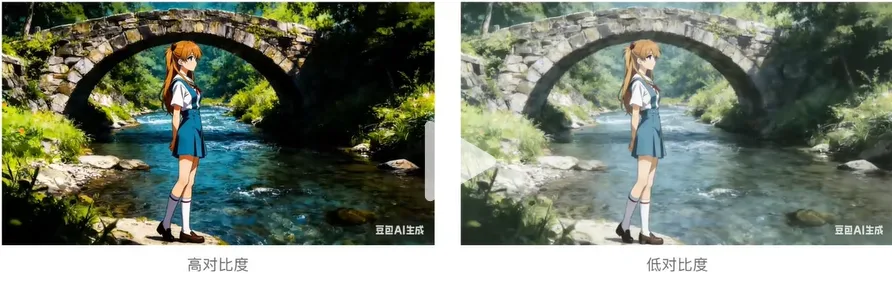 石桥溪流旁动漫女孩的高对比与低对比画面 AI漫剧新手必看4:画出心中所想-提示词构建图片