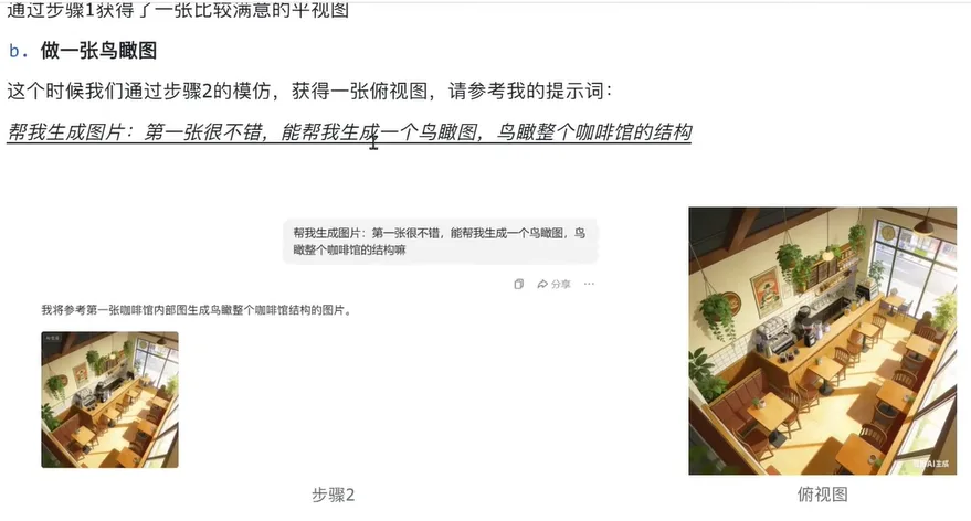 咖啡馆室内鸟瞰俯视图与AI提示词示例 AI漫剧新手必看3:必要准备-参考图(颜色/风格/角色/道具/场景)