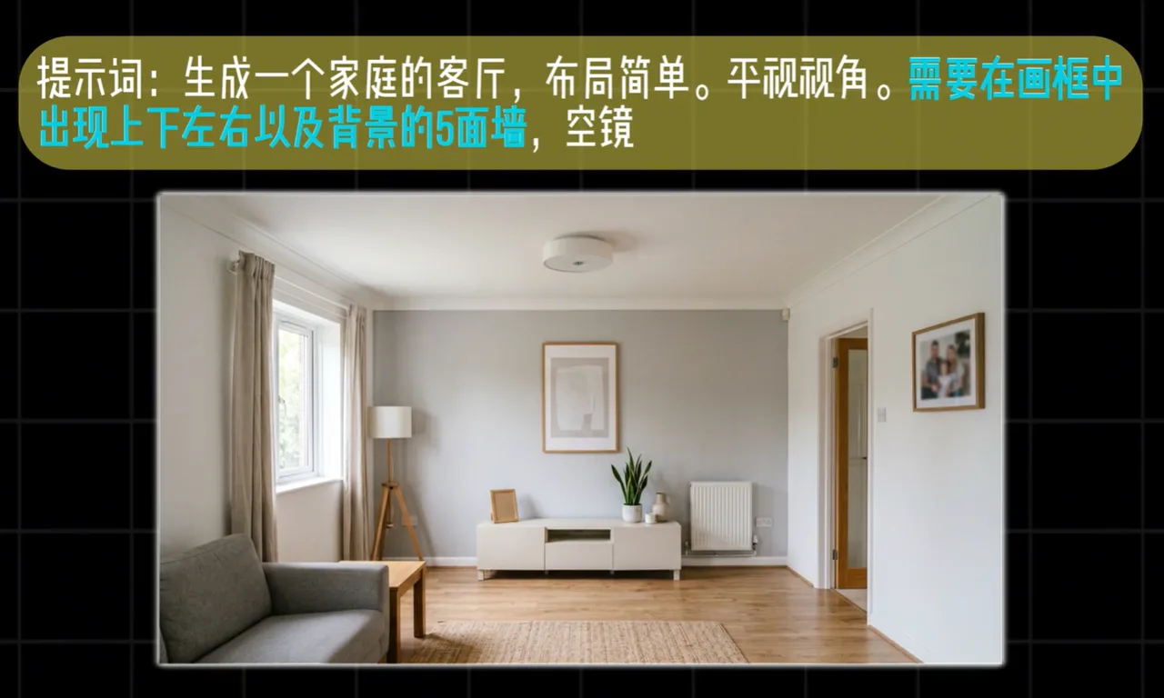 客厅生成提示词及简约家庭客厅平视空镜效果 AI场景构建多角度生成