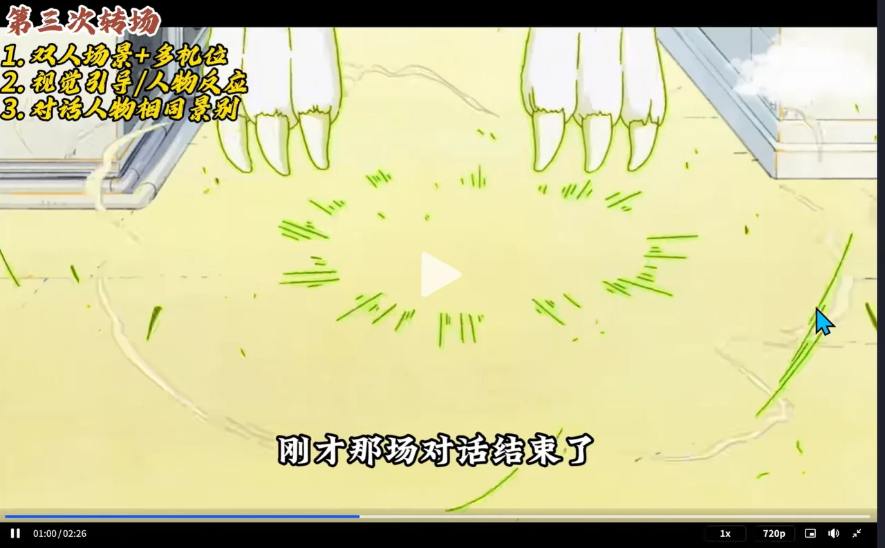 黄色地面上出现一双白色兽爪,字幕提示对话已结束 AI动漫教学6+7:连贯镜头技巧与衔接