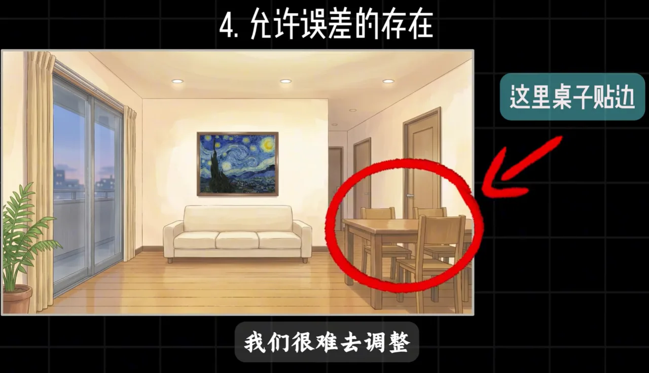 手绘客厅内景,红圈标注贴边的餐桌椅 AI场景构建多角度生成