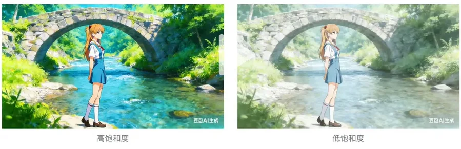 石桥边少女的高饱和与低饱和色彩对比 AI漫剧新手必看4:画出心中所想-提示词构建图片