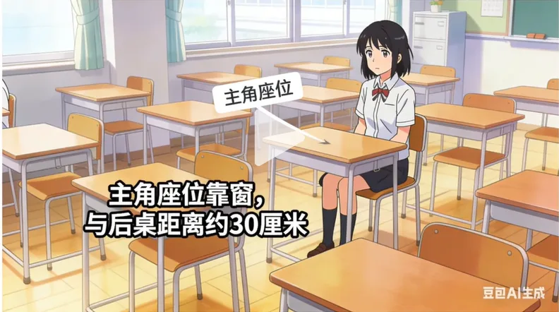 教室中女学生坐于课桌旁,标注主角座位靠窗及间距。 AI漫剧新手必看3:必要准备-参考图(颜色/风格/角色/道具/场景)
