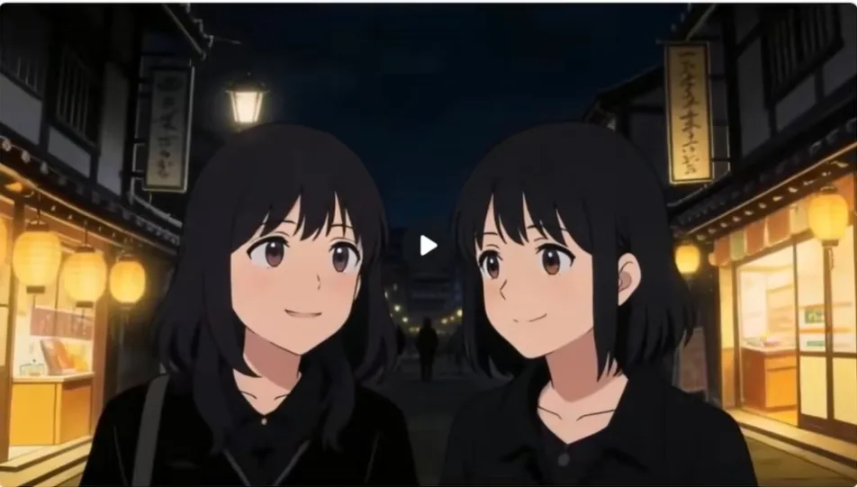 夜晚挂灯笼的街道上,两名黑发女孩并肩微笑交谈 AI动漫教学6+7:连贯镜头技巧与衔接