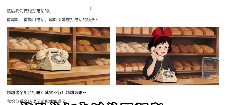 面包店电话空镜与女孩接听的首尾帧镜头示例 AI漫剧新手必看2：AI制作连贯镜头-空间结构
