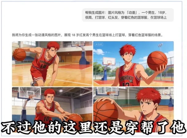 红发篮球少年动漫四宫格、提示词与底部配文 AI漫剧新手必看3:必要准备-参考图(颜色/风格/角色/道具/场景)