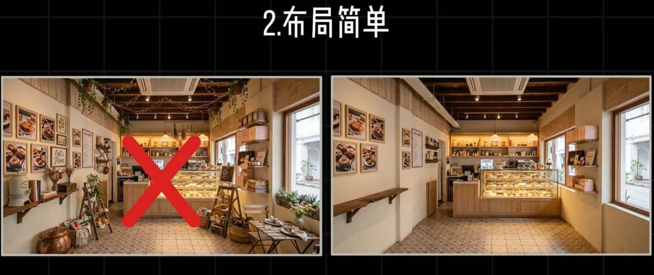 咖啡店对比:左侧杂物杂乱打红叉,右侧清空为空镜。 AI场景构建多角度生成