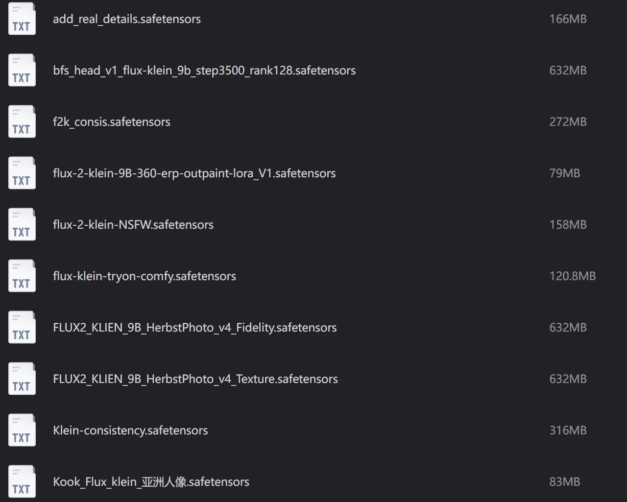 Flux Klein系列safetensors模型文件列表及体积 基础制图模型推荐（SDXL/FLUX/Qwen/Z-Image/Wan）