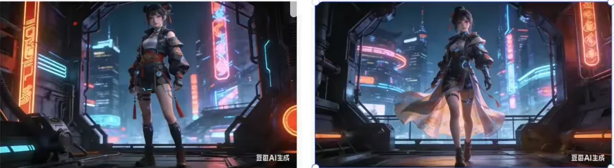 赛博朋克霓虹城景中女孩全身立绘两种造型 AI漫剧新手必看4:画出心中所想-提示词构建图片