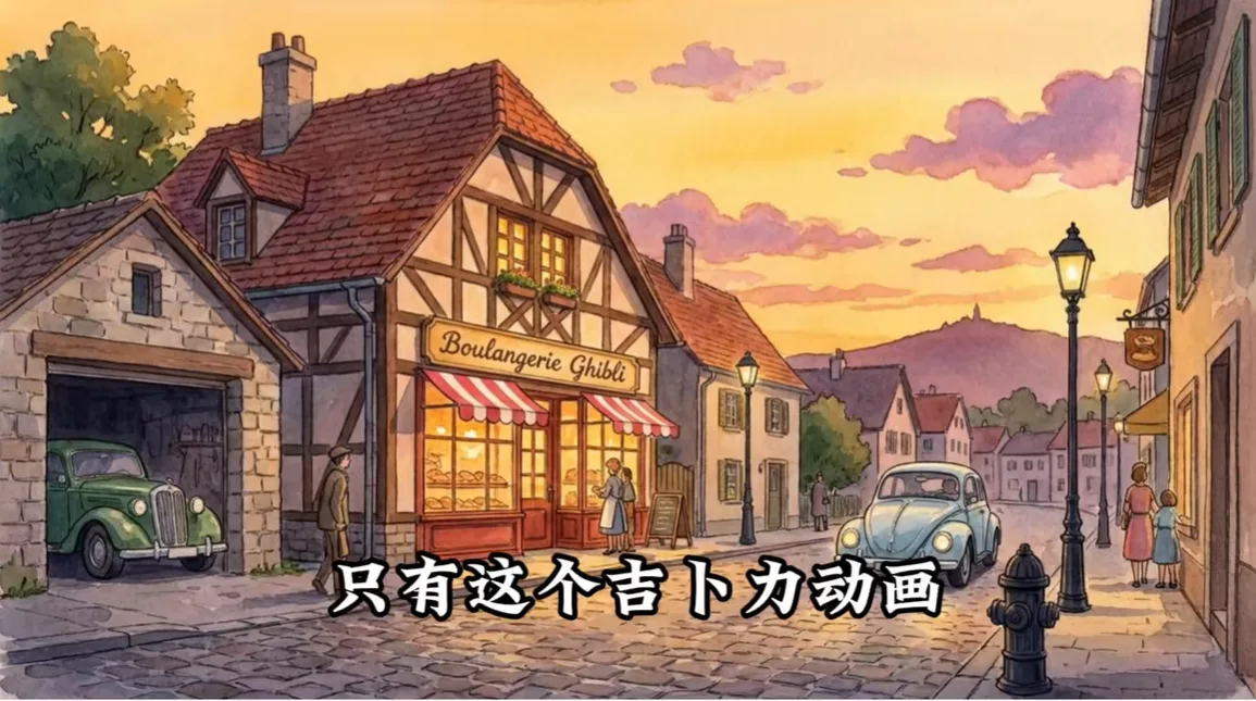 黄昏街道,浅蓝轿车驶过面包店,旁有黑色消防栓 AI动漫-美术设定(人物画风与场景画风)