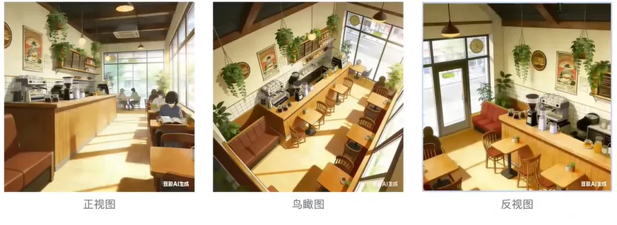 动漫咖啡馆室内场景的正视图、鸟瞰图与反视图 AI漫剧新手必看3:必要准备-参考图(颜色/风格/角色/道具/场景)