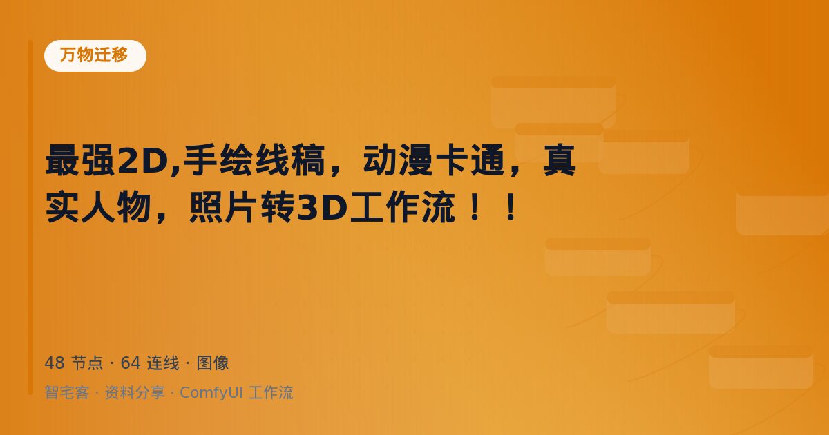 最强2D,手绘线稿,动漫卡通,真实人物,照片转3D工作流!!